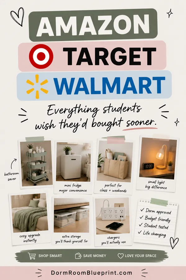 Pinterest graphic for: Best Budget Dorm Finds in 2026: Amazon, Target, and Walmart