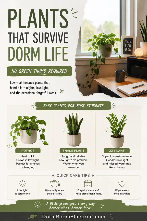 Pinterest graphic for: Best Dorm Room Plants: Low-Maintenance Options That Actually Survive