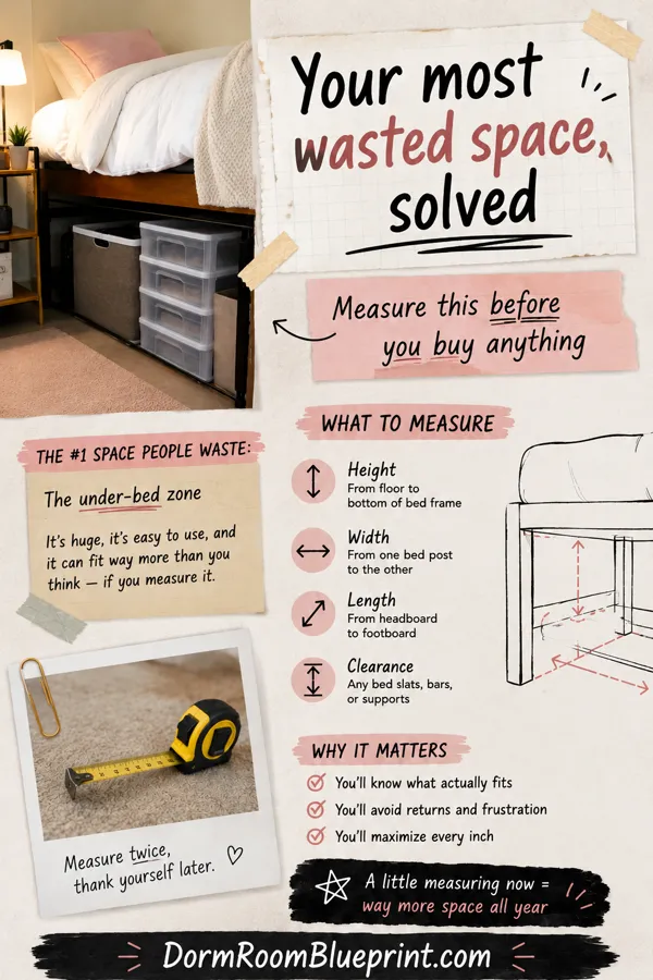 Pinterest graphic for: Best Under-Bed Storage for Dorm Rooms in 2026 (Measure Before You Buy)