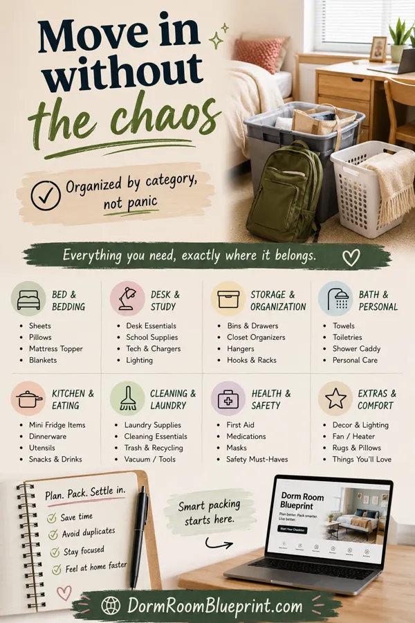 Pinterest graphic for: Dorm Move-In Checklist: What to Bring & What to Skip