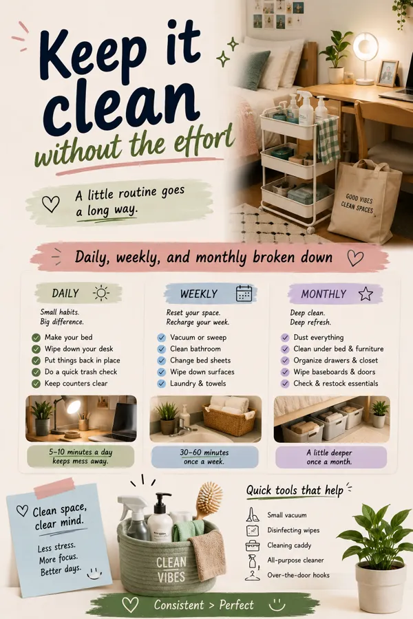 Pinterest graphic for: Dorm Room Cleaning Supplies Checklist: What to Bring and What to Skip