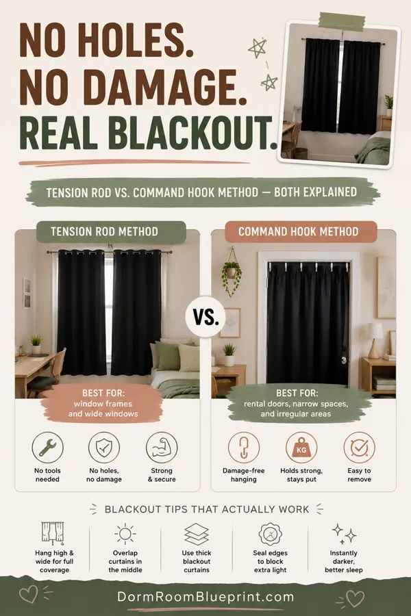 Pinterest graphic for: Blackout Curtains for Dorm Rooms: What to Buy and How to Hang Them