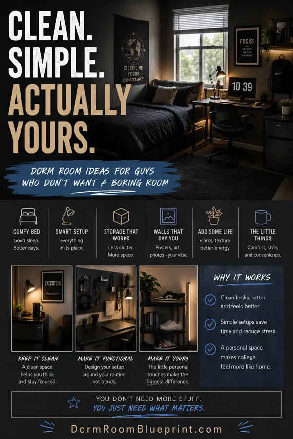 Pinterest graphic for: Dorm Room Ideas for Guys: How to Actually Make It Look Good