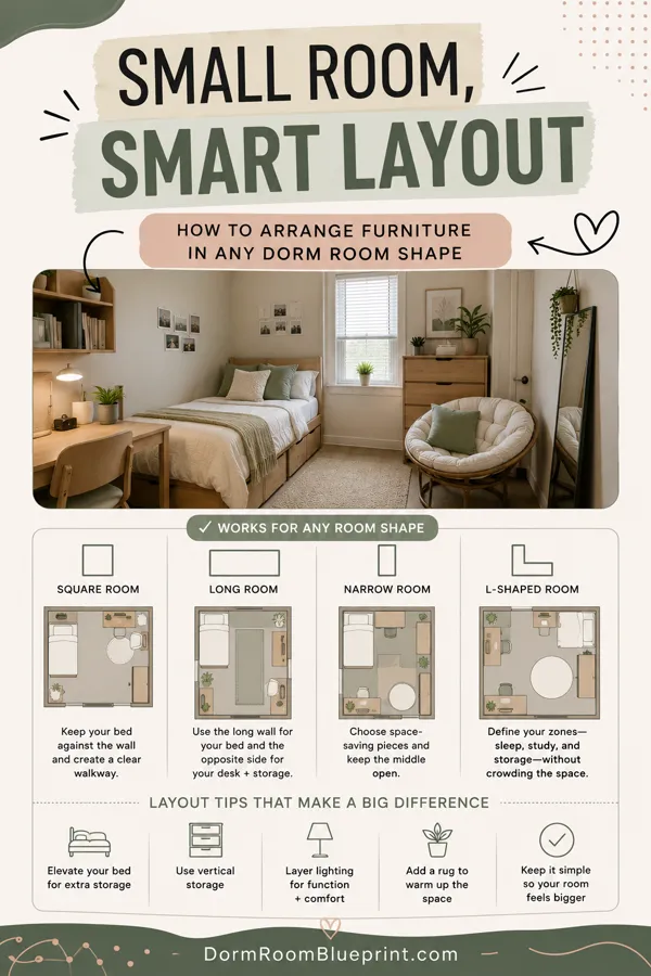 Pinterest graphic for: Dorm Room Layout Ideas: How to Arrange a Small Room