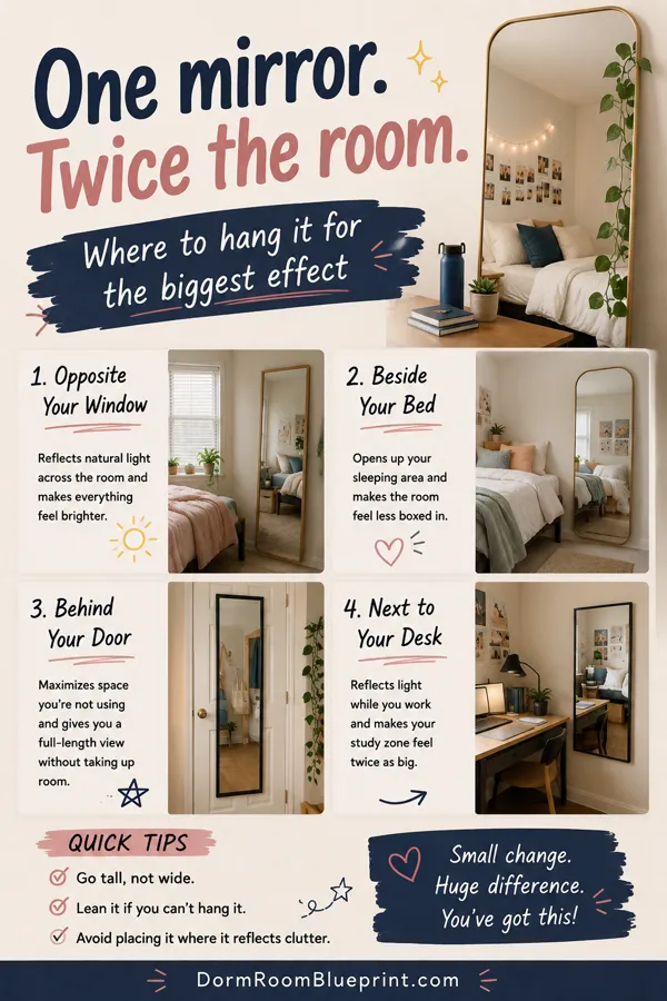 Pinterest graphic for: Dorm Room Mirror Ideas: Make a Small Room Look Bigger