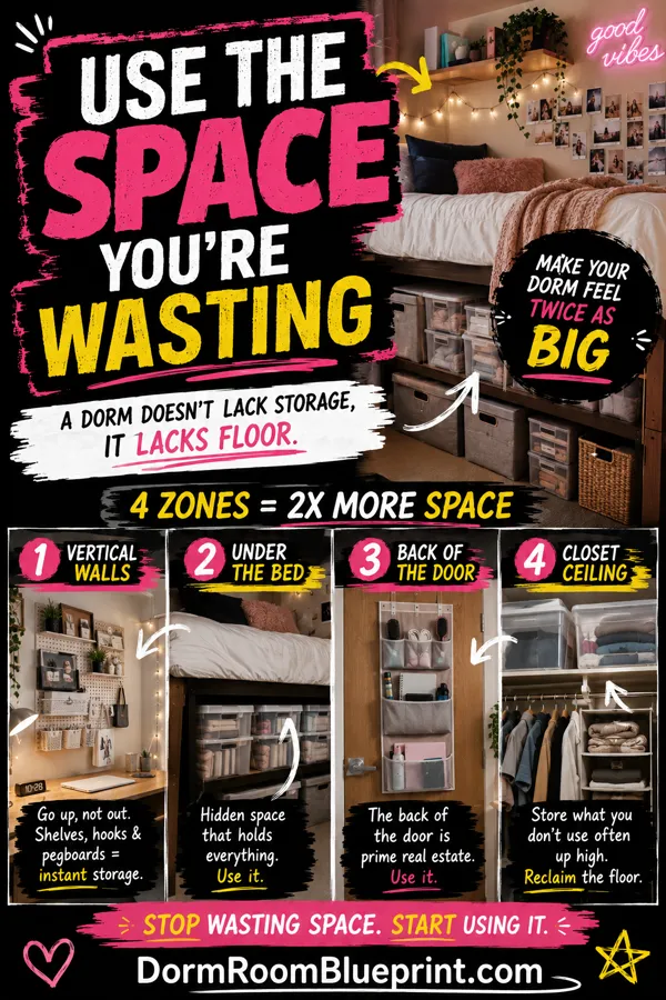 Pinterest graphic for: Dorm Room Organization Hacks for Small Spaces