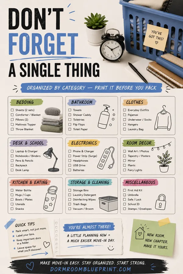Pinterest graphic for: What to Pack for a Dorm Room: A Realistic Packing Checklist