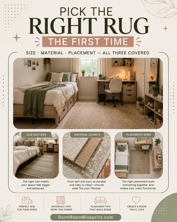 Pinterest graphic for: Dorm Room Rug Guide: Right Size, Best Materials, and What to Avoid