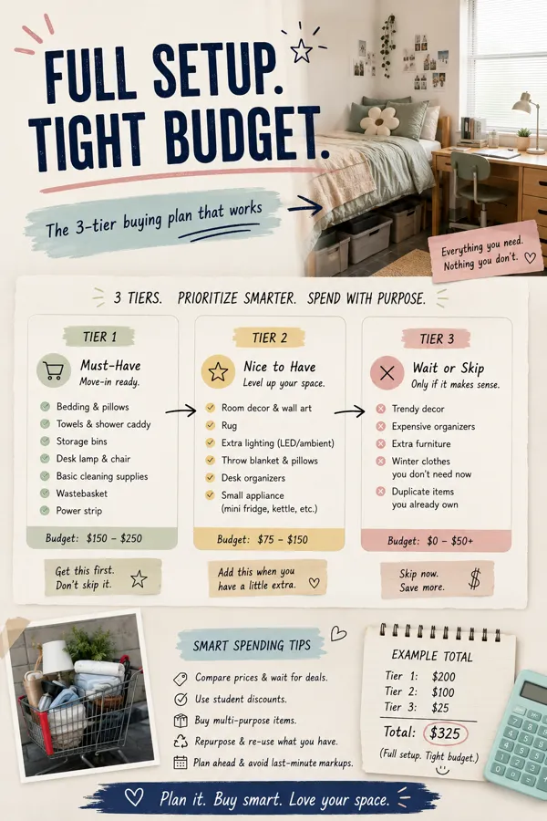 Pinterest graphic for: How to Set Up a Dorm Room Under $300