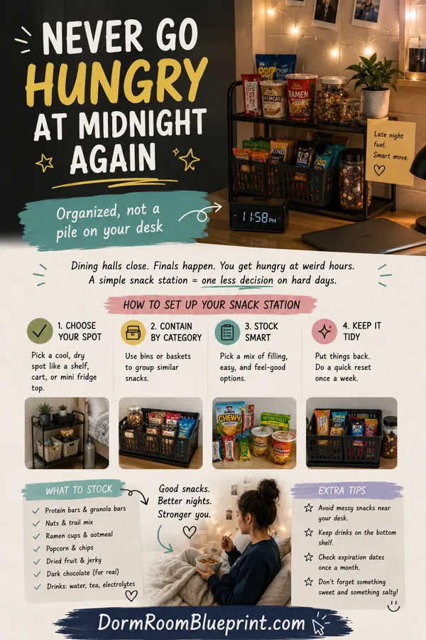 Pinterest graphic for: How to Set Up a Dorm Room Snack Station