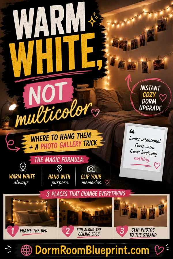 Pinterest graphic for: Dorm Room String Light Ideas (That Don't Look Tacky)