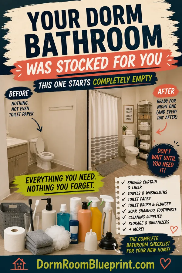 Pinterest graphic for: First Apartment Bathroom Essentials: The Complete List