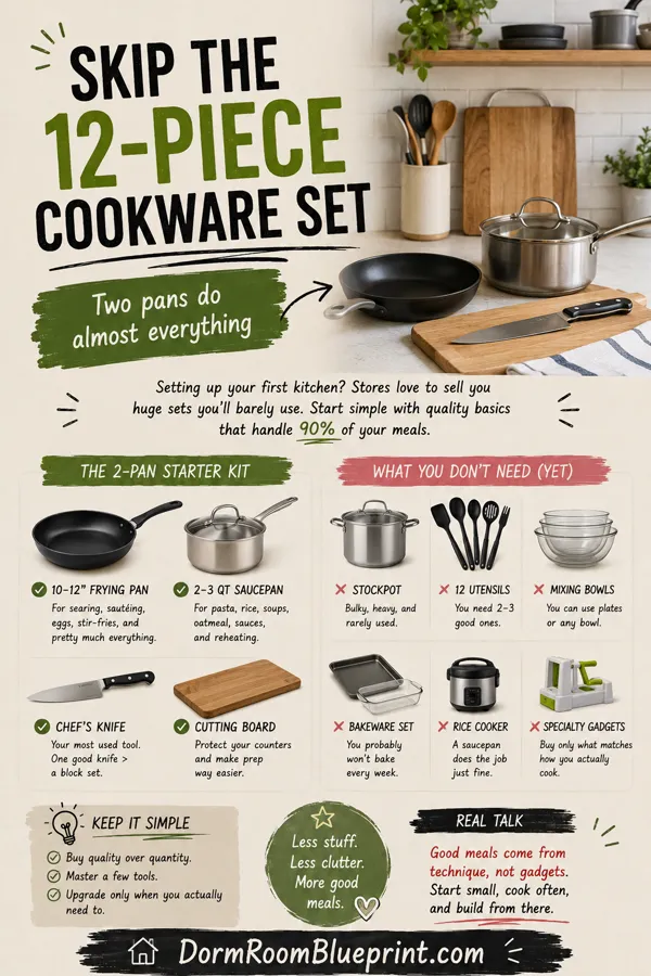 Pinterest graphic for: First Apartment Kitchen Essentials: What to Buy First