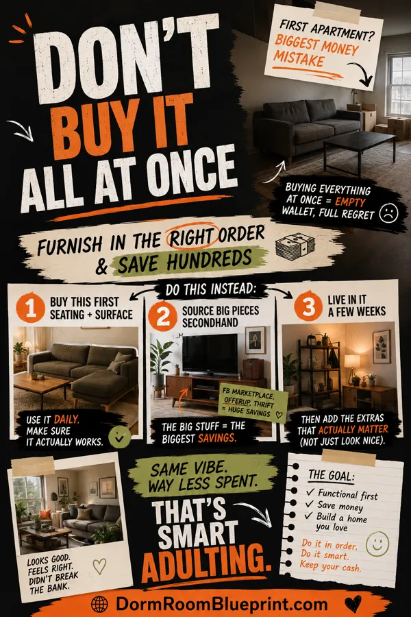 Pinterest graphic for: First Apartment Living Room Setup on a Budget