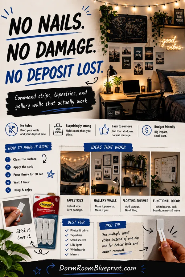 Pinterest graphic for: How to Decorate Dorm Walls Without Damage
