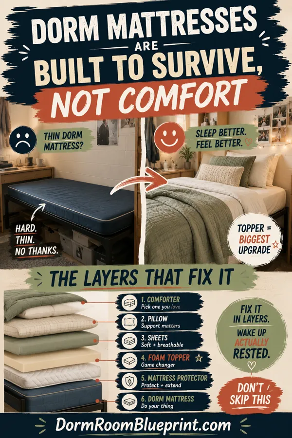 Pinterest graphic for: How to Make a Dorm Bed More Comfortable
