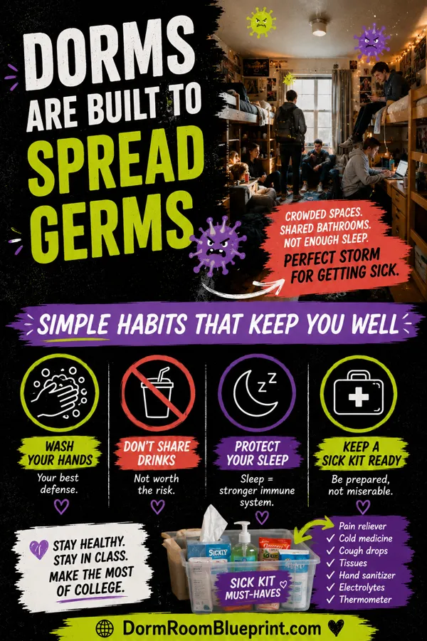 Pinterest graphic for: How to Stay Healthy in a Dorm Room (And Avoid the Dorm Plague)