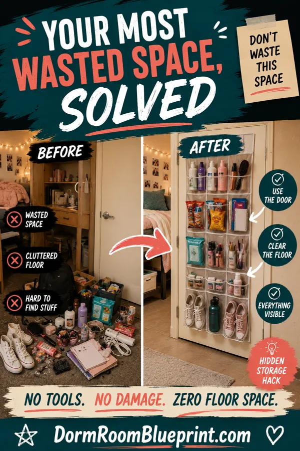 Pinterest graphic for: Over-the-Door Storage Ideas for Dorm Rooms
