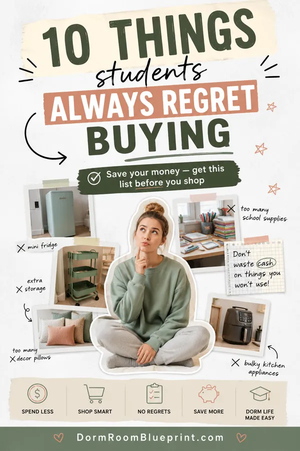 Pinterest graphic for: What NOT to Buy for Your Dorm Room (And What to Buy After You Move In)